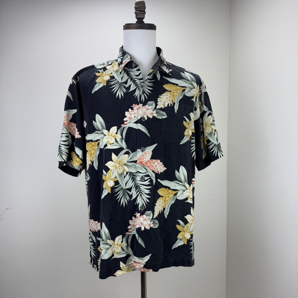 Tommy Bahama‎ Silk Floral Shirt Mens L Black Tropical Button Up Camp Aloha